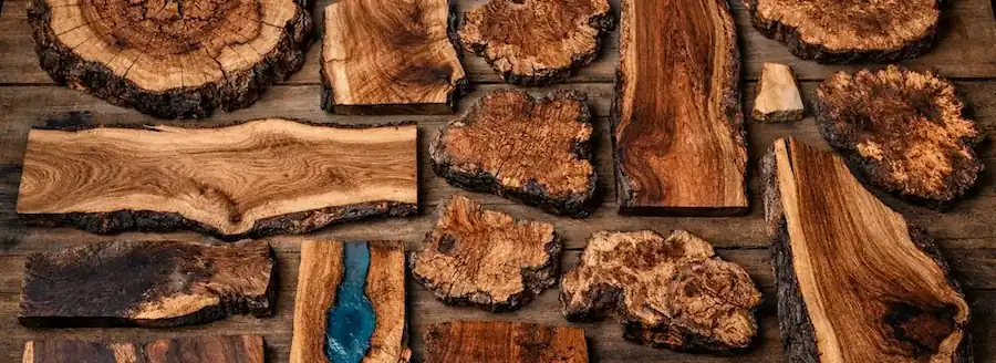 Collection of wood slabs and burl specimens representing the BurlBlade timber archive sitemap
