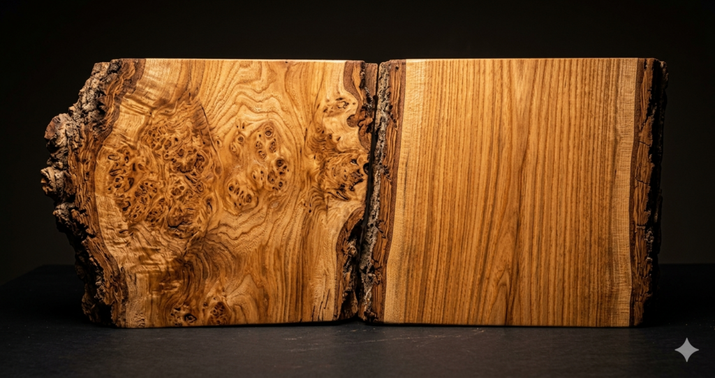 Live edge wood slab prices South Africa — burl figure versus straight grain comparison